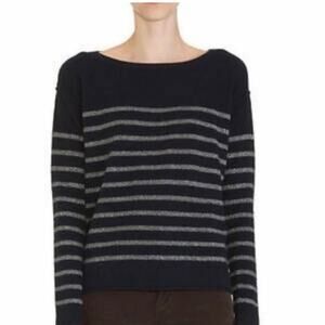 Vince Wool Cashmere Navy Blue And Metallic Stripe Sweater. Sz XS. Raw Hem, Cuff